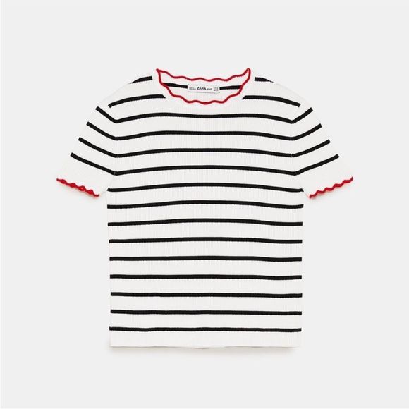 Zara White and Black Striped Top with Red Trim - Picture 3 of 5